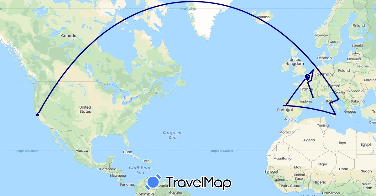 TravelMap itinerary: driving in France, Croatia, Italy, Netherlands, Portugal, United States (Europe, North America)